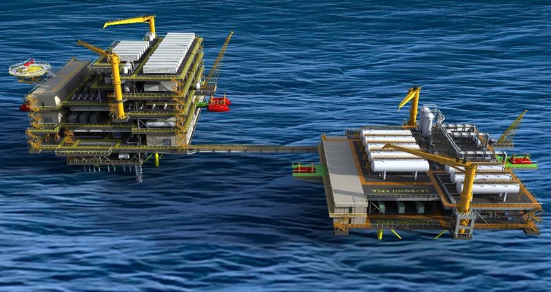 Conceptual design of KRISO’s offshore hydrogen production platform (left), and ammonia production & storage platform (right). The design has been granted approval in principle by the American Bureau of Shipping. Source: KRISO.