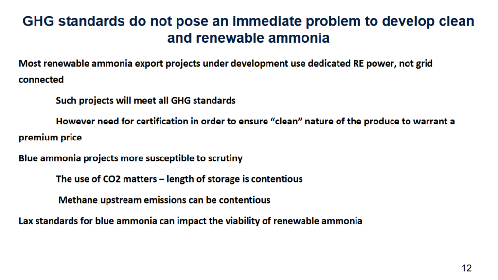 Rigorous GHG standards do not pose an immediate threat to developing projects. From Dolf Gielen, Global Ammonia Certification As Enabler for Accelerated Investment and Financing (Nov 2023).