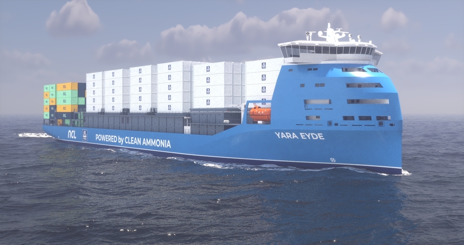 The Yara Eyde, an ammonia-powered container vessel that will operate between Norway and Europe from 2026. Source: Yara.