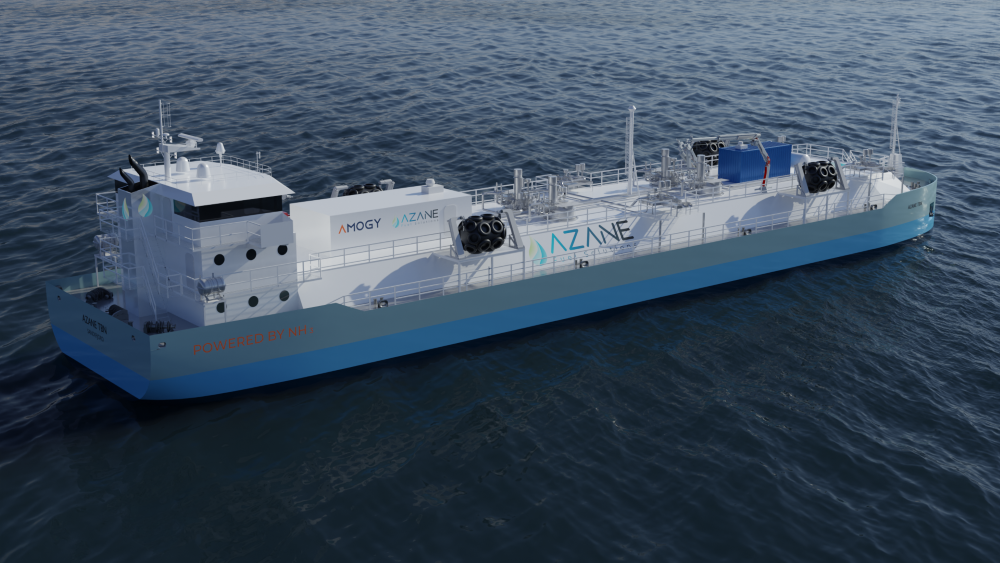 The newly-released vessel design for Azane’s ammonia bunker barge. Source: Azane Fuel Solutions.
