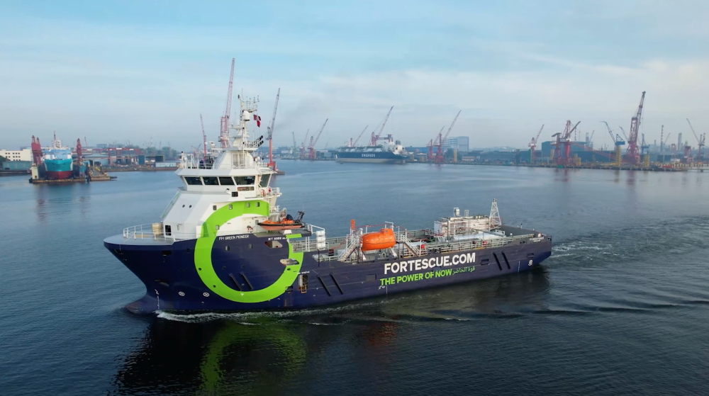 The Green Pioneer, an ammonia dual-fuel supply vessel unveiled by FFI at COP28 in Dubai. Source: FFI.