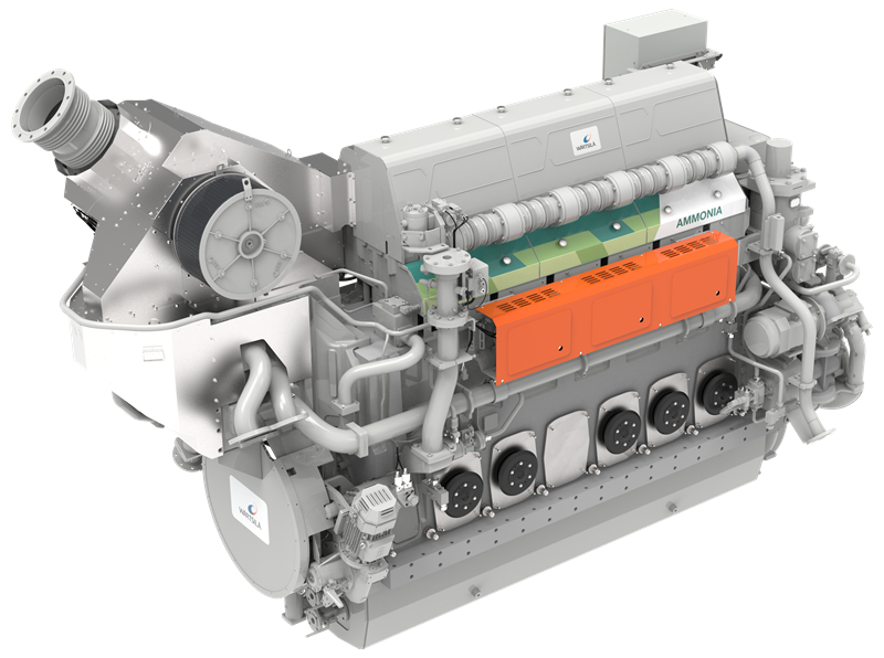 Wärtsilä’s commercially available ammonia powered engine solution emits less than 30% of the GHG of a similar-sized diesel engine. Source: Wärtsilä.