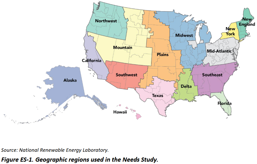 Geographic regions for electricity production in the US, as determined by the National Renewable Energy Laboratory. From National Transmission Needs Study (DoE, 2023).